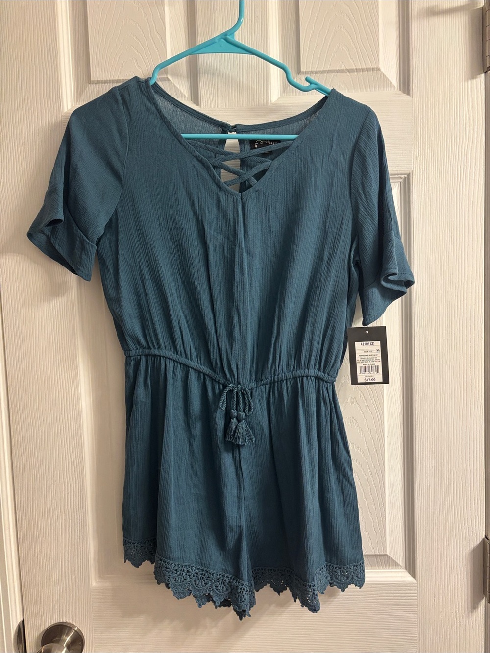 Girl’s Art Class Boho Lace-Hem Blue Romper with Crisscross V-Neck